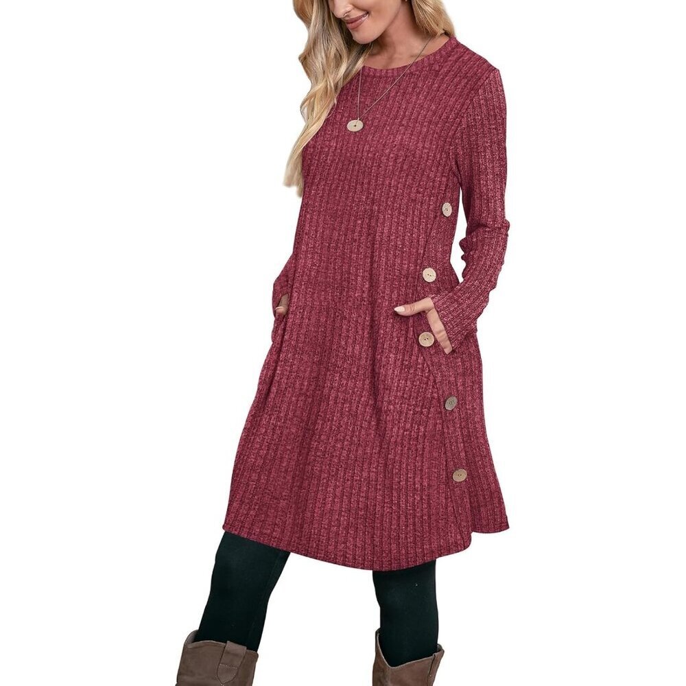 Ofeefan Women's Ribbed Red Crew Neck Long Sleeve Cozy Winter Tunic Dress